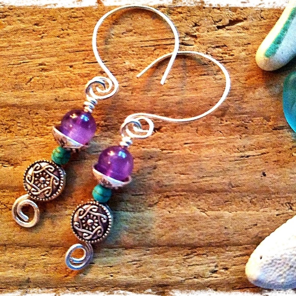 AMETHYST & TURQUOISE HOWLITE GEMSTONE EARRINGS - Picture 2 of 5